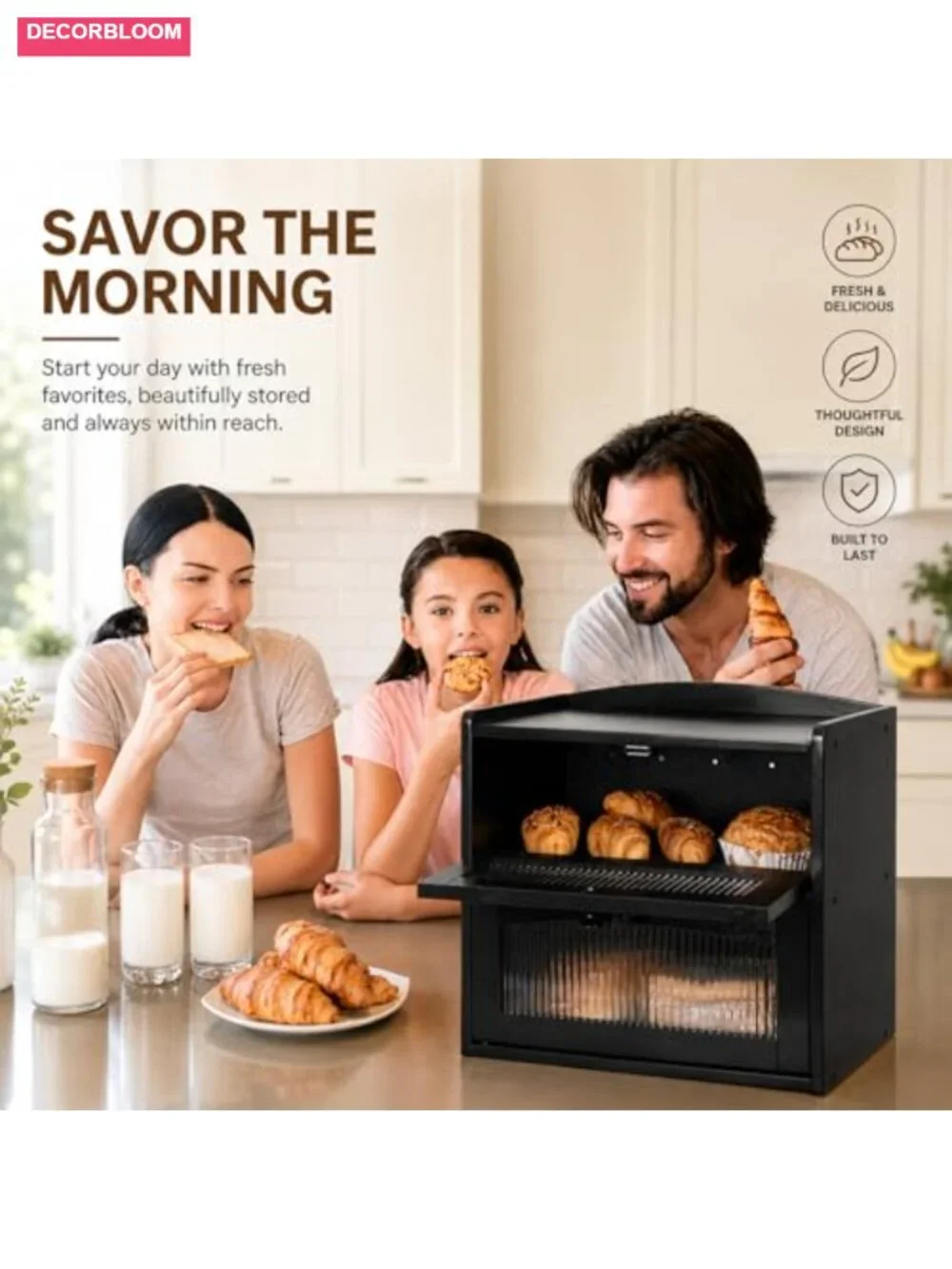 Large Wooden Bread Box, 2-Tier, Clear Acrylic Window, Magnetic Doors